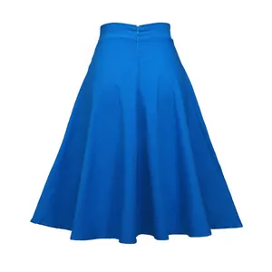 Vue arrière détaillée d'une jupe midi trapèze évasée bleu vif à taille haute