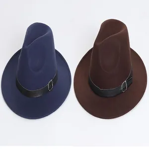 Classic felt fedora hats in navy blue and dark brown colors with buckled leather band details