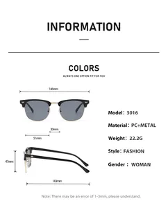 Detail view of 3016 fashion sunglasses with PC metal frame dimensions and specifications.