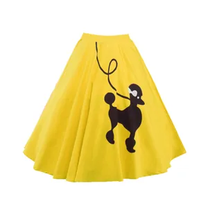 Jupe trapèze jaune de style vintage avec imprimé caniche noir classique pour femmes