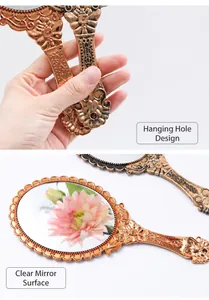 Detail of vintage handheld mirror with clear reflection and hanging hole.