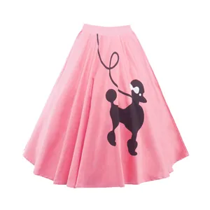 Jupe caniche rose vintage des années 50 avec imprimé chien noir, coupe trapèze pour l'été.