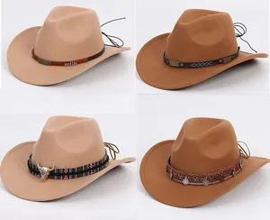 Detailed view of four vintage felt fedora hats with various decorative ethnic bands