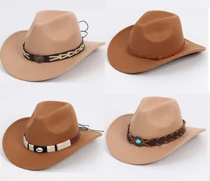 Variety of vintage Western-style felt hats with decorative ethnic bands and flat brims