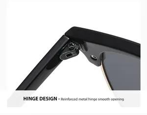Detail shot of the reinforced metal hinge on premium black Clubmaster style sunglasses