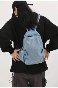 Vista trasera de una modelo con una mini mochila de mezclilla lavada azul vintage