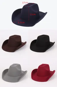Detailed view of solid color felt hats with dimensions for crown and brim width