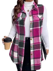 Gilet camicia senza maniche da donna a quadri rosa e nero con vestibilità ampia casual
