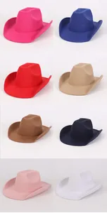 Detailed view of solid color felt cowboy hats in various vibrant colors for selection