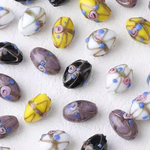 Cuentas de Vidrio de Lámpara Hechas a Mano Vintage Ovaladas Patrón de Flores Líneas Doradas Cuentas Sueltas para Joyería DIY