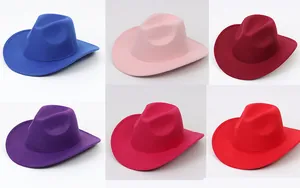 Detailed view of vintage felt cowboy fedora hats in six vibrant solid colors for unisex