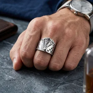 Vintage titanium steel poker royal flush ring for men displayed on hand