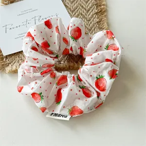 Fresh strawberry print white cloth scrunchie for women sweet hair styling accessory