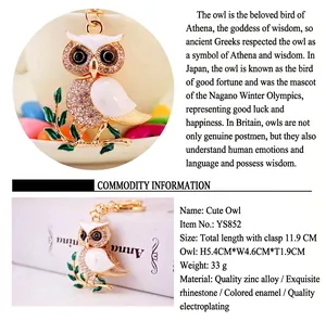 Detailed specs of the rhinestone owl keychain including dimensions, weight, and material.