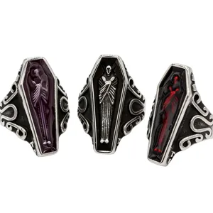 Gothic Coffin Skeleton Ring Retro Distressed Titanium Steel Punk Jewelry For Men Women Vintage Skull Pattern Ring Gift