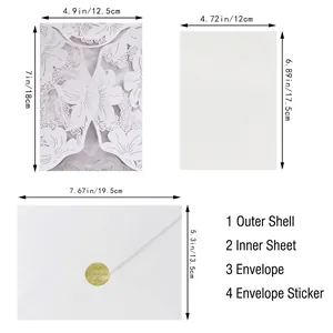 Detailed dimensions of laser-cut wedding invitation set including envelope and seal