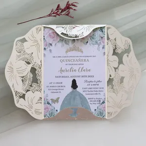 Elegant laser-cut floral invitation card with pink and green rose illustration design
