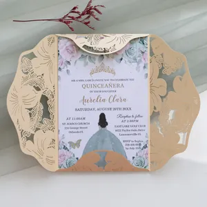 Laser-cut Quinceañera invitation card with elegant floral and girl design detail