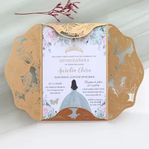 Elegant gold laser-cut floral invitation card with pink rose and tiara detail