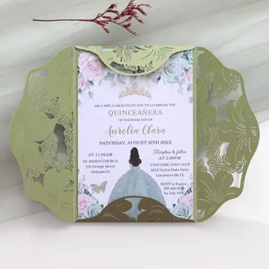 Detail view of laser-cut floral invitation with elegant green shell and printed inner card
