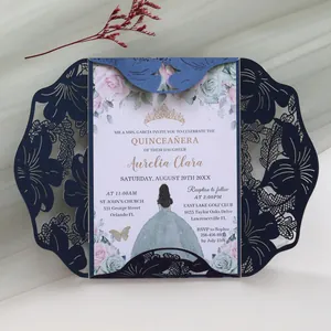 Elegant laser-cut Quinceañera invitation detail with floral patterns and gold crown.