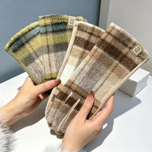 Women Woolen Plaid Winter Warm Gloves Touch Screen Five Finger Elegant Retro Outdoor Daily Accessories