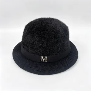Women Winter Warm Faux Rabbit Fur Knitted Bucket Hat Elegant Metal M Letter Rhinestone Cloche Hat Solid Color Plush Hat