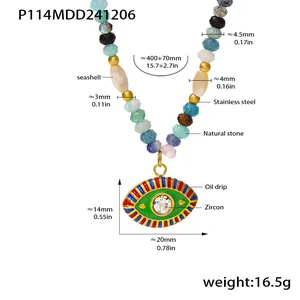 Detailed view of a Nepal style colorful beaded necklace with an Evil Eye pendant.