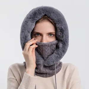 Écharpe Capuche Intégrée Hiver Bonnet Tricot Fausse Fourrure Thermique Coupe-Vent Masque Balaclava Ski Pour Femmes