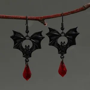 Gothic Halloween bat drop earrings with faceted red teardrop crystal pendant