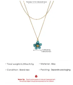 Detailed size and material specifications for this blue enamel flower necklace in alloy.