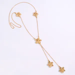 Detailed view of a gold-plated flower Y-shaped necklace with delicate petal charms.