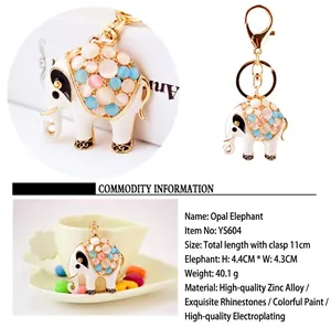 Detailed view of cat eye elephant keychain with full product specs and size details.
