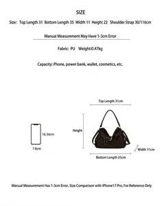 Detailed size chart for minimalist PU leather brown shoulder bag with dimensions