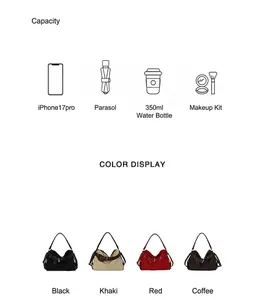 Details of fashionable shoulder bag showing capacity and four color variations