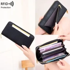 Detail views of black crocodile leather wallet with RFID protection and multi-card slots