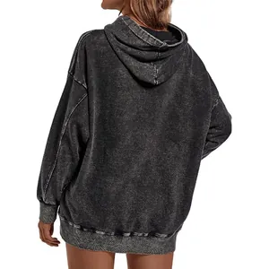 Sweat à Capuche en Coton Poids Lourd pour Hommes Délavage à l'Acide Vintage Coupe Large Haut Décontracté Couleur Unie