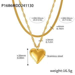 Detailed view of double-layer stainless steel heart necklace with measurements and weight.