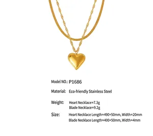 Detail showing measurements and materials for double-layer stainless steel heart necklace
