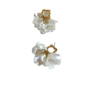 French style white petal earrings with elegant gold square studs and silver pins