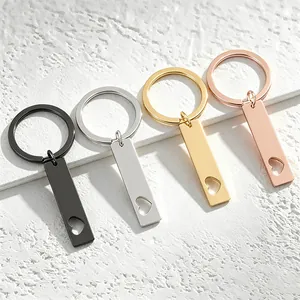 Polished Stainless Steel Rectangle Bar Keychain With Heart Hollow Design Metal Heart Key Ring Blank Material For DIY Gift