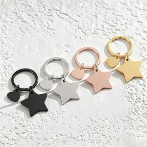Ensemble de Porte-clés Étoile et Cœur en Acier Inoxydable Pendentif Anneau en Métal Poli pour Clés de Voiture Sac Cadeau