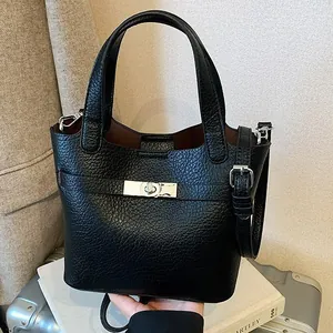 Women Litchi Texture PU Leather Bucket Bag Metal Turn-lock Detachable Strap Top Handle Daily Crossbody Shoulder Handbag Bear Pendant