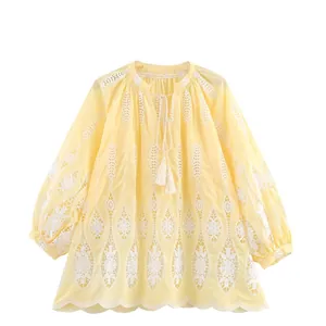 Chemisier Femme Style Français Col en V Broderie Anglaise Lin Ample Manches Longues Lanterne Haut à Nouer Avec Glands Jaune