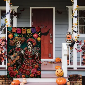 Detailed Mexican Day of the Dead garden flag with Mariachi and skull lady on a porch.