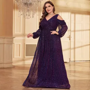 Dames Grote Maten Paarse Pailletten Avondjurk Elegant V-hals Blote Schouders Lange Mouw Maxi Galafeest Jurk