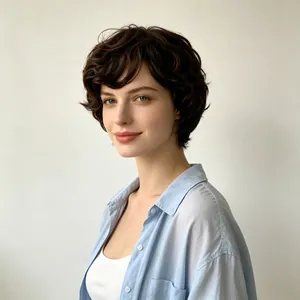 Detailed close-up shot of a stylish short wavy dark brown wig on a professional model.
