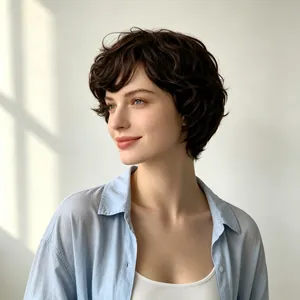 Close-up of stylish short curly brown wig for women with natural volume and texture