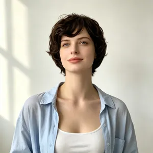 Close-up view of short wavy brown synthetic wig showing fluffy texture and natural style
