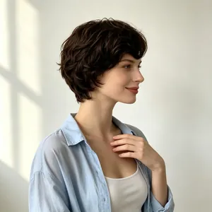 Side view of a short curly dark brown synthetic wig for women with natural texture